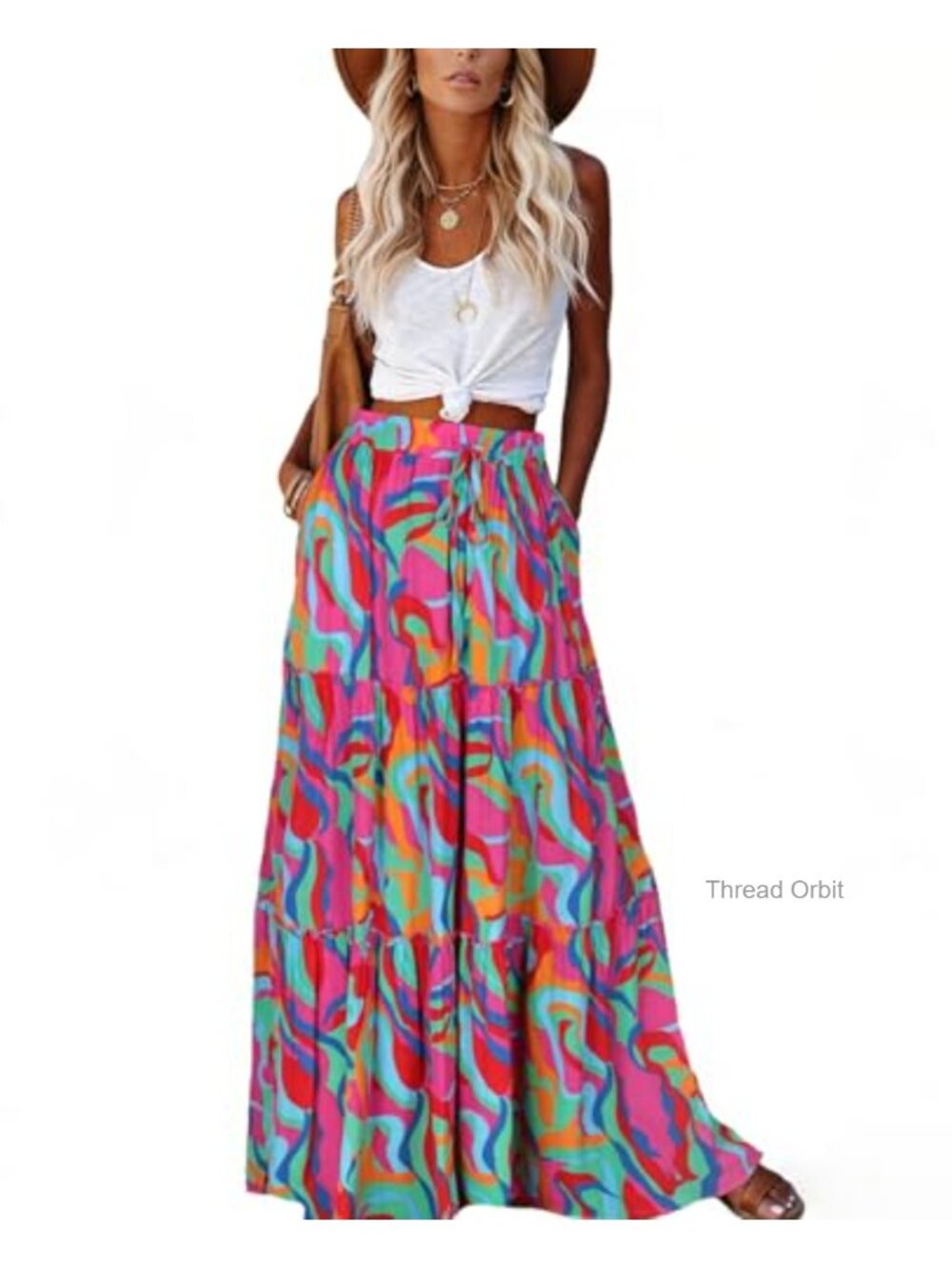 Boho Flowy 3-Tier Maxi Skirt with Pockets Chiffon High Waist